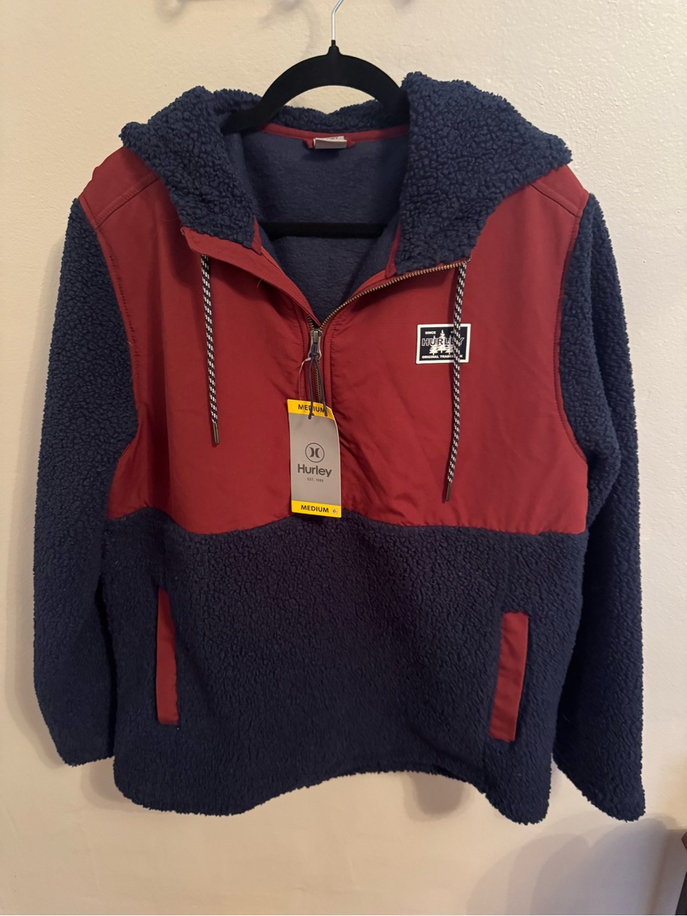 Hurley Men’s Medium Sherpa Half Zip Anorak Hoodie Navy Red NWT Gorpco